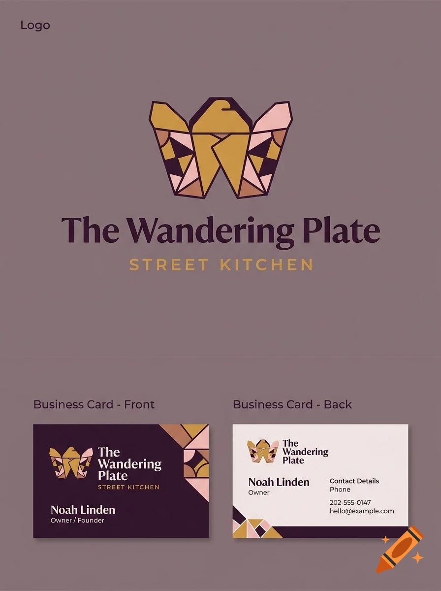 Logo and business card design for The Wandering Plate street kitchen featuring a geometric W symbol.