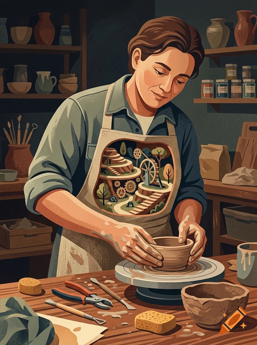 An illustrator-style painting of a potter shaping clay on a pottery wheel inside a workshop, with a surreal miniature landscape and gears visible on their apron.