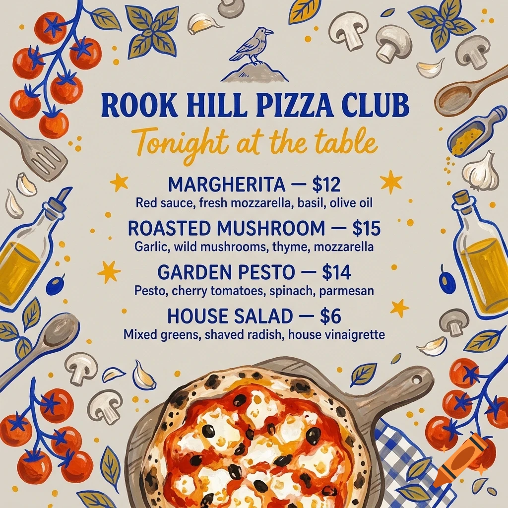 An illustrated menu for Rook Hill Pizza Club featuring a pizza, ingredients like tomatoes and mushrooms, and text listing items and prices.