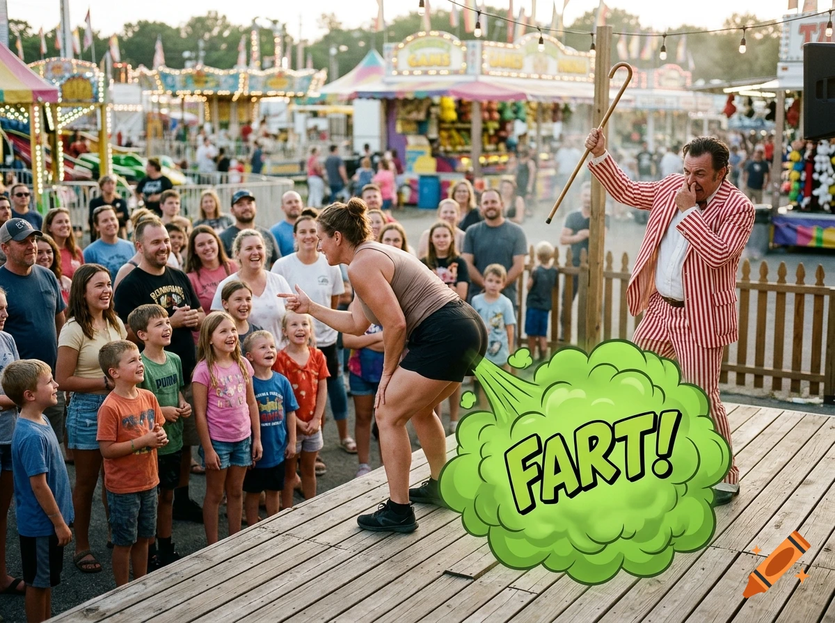 Photorealistic scene of a woman on a carnival stage passing gas with a green cloud and text saying FART!, watched by a crowd.