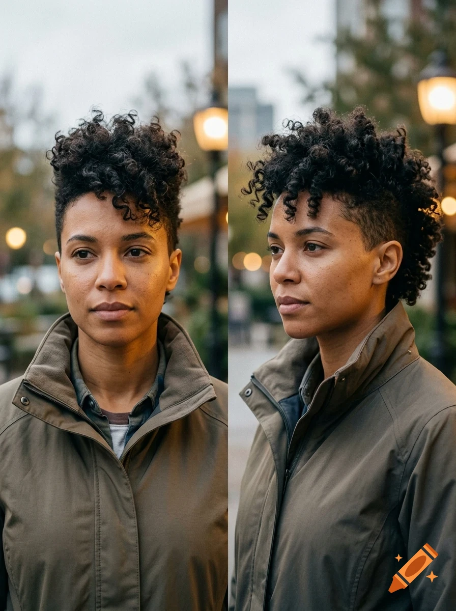 Split view portrait of a person with short curly hair and an olive green jacket outdoors.