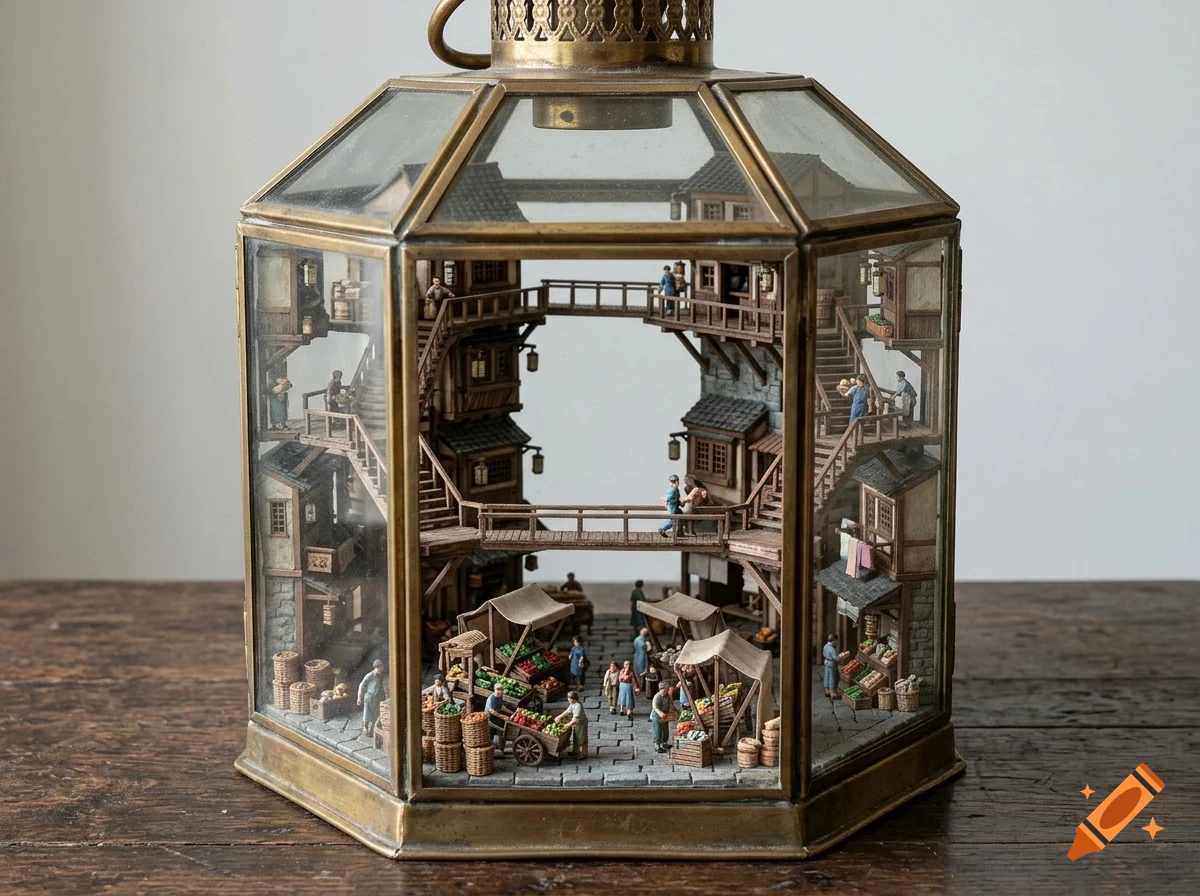 An intricate miniature diorama of a multi-level Asian village market enclosed inside a large hexagonal brass and glass lantern.