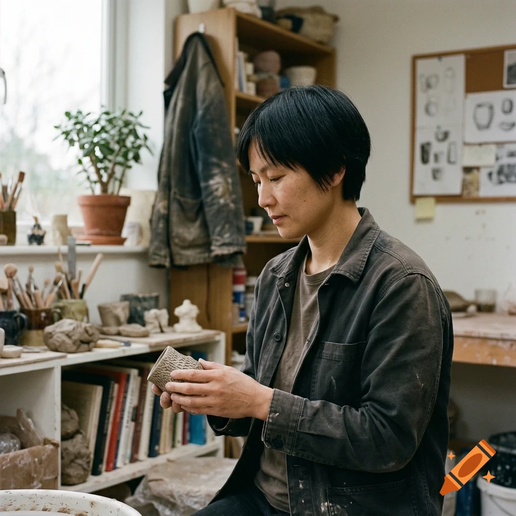 A person holding a small textured clay cup in a pottery studio.