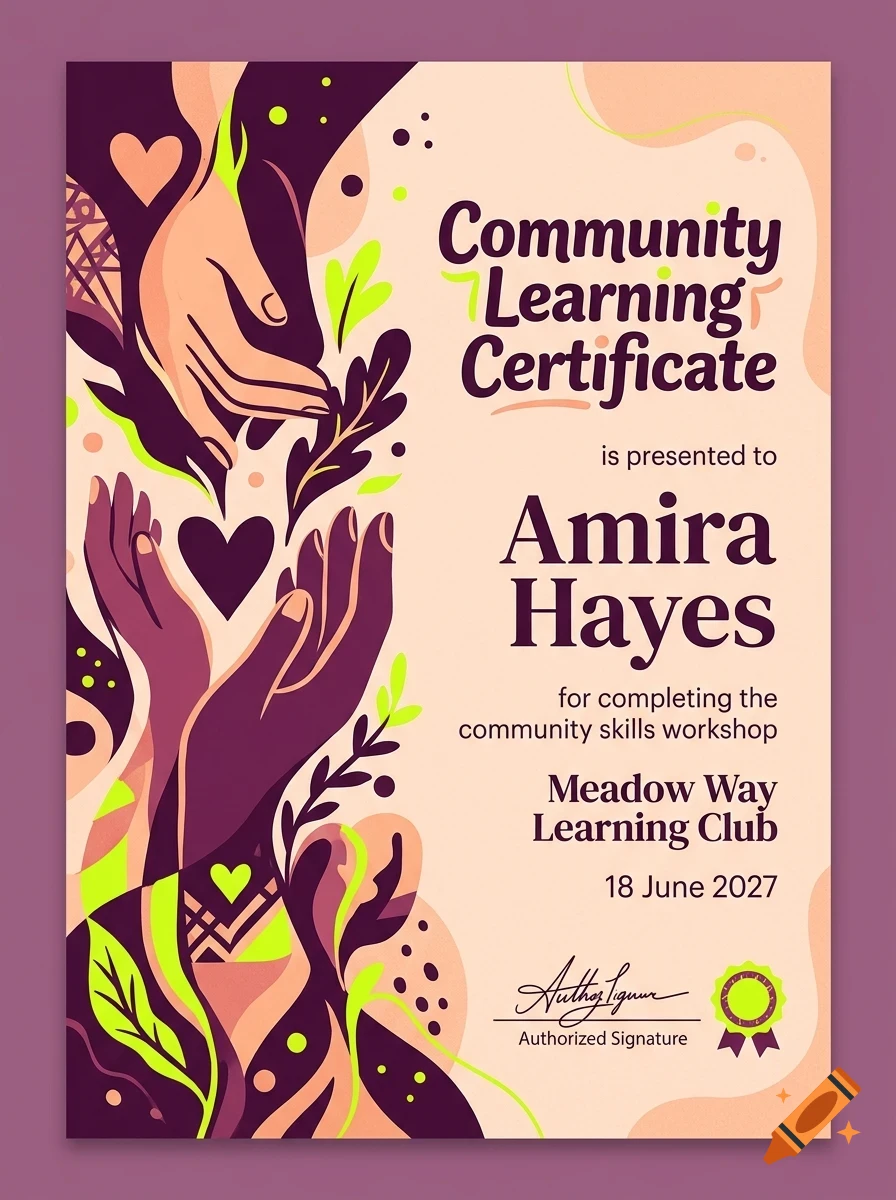 An illustrated community learning certificate featuring stylized hands, hearts, and foliage on the left with text on the right.