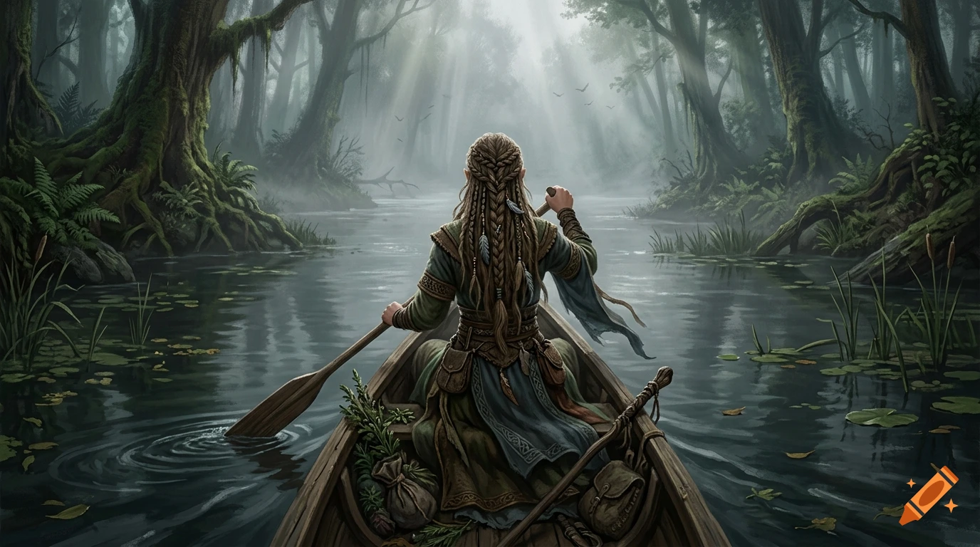 A Celtic druid woman with braided hair rows a canoe down a misty, forest-lined river in a digital fantasy art style.