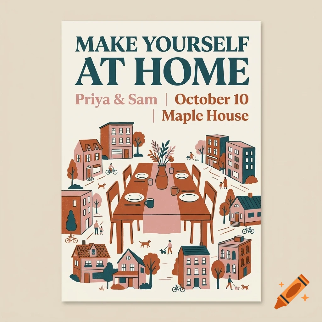 An illustrated poster with the text MAKE YOURSELF AT HOME, Priya & Sam, October 10, Maple House, showing a large dining table surrounded by miniature houses, trees, and people.