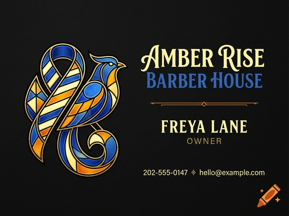 A business card featuring a stained glass-style blue and gold bird illustration alongside text for Amber Rise Barber House.