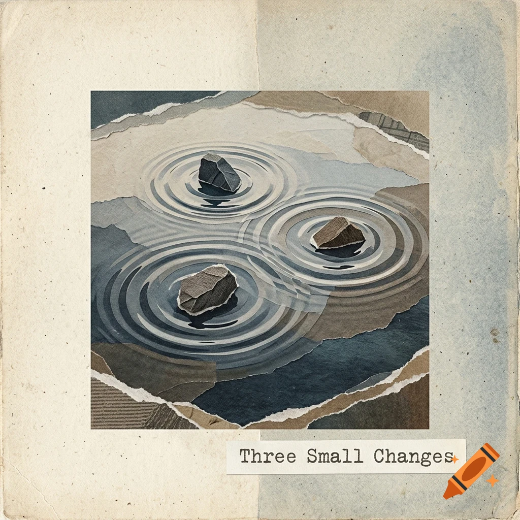 A mixed media collage showing three rocks creating ripples in water, with the text 'Three Small Changes' at the bottom.
