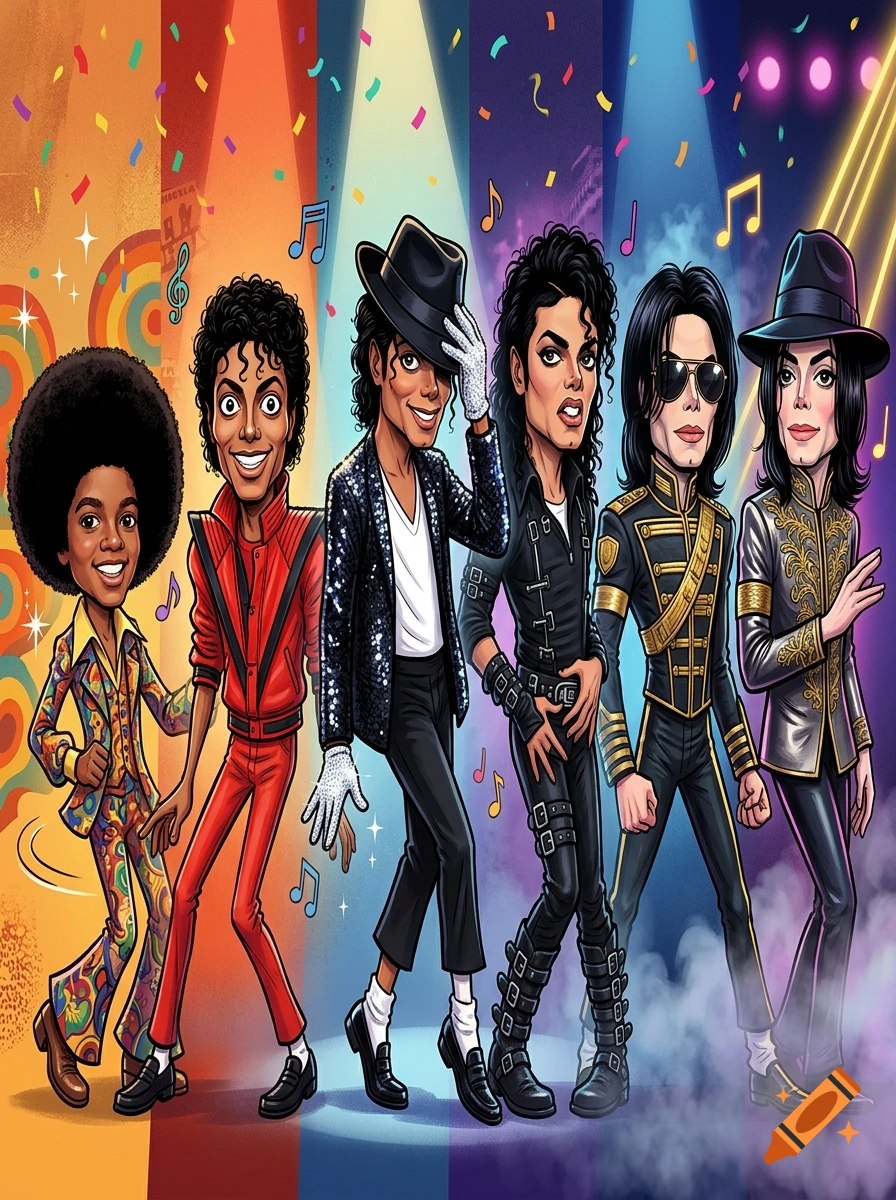 Comic caricature illustration of Michael Jackson in various iconic outfits and poses through the decades against a colorful striped background.