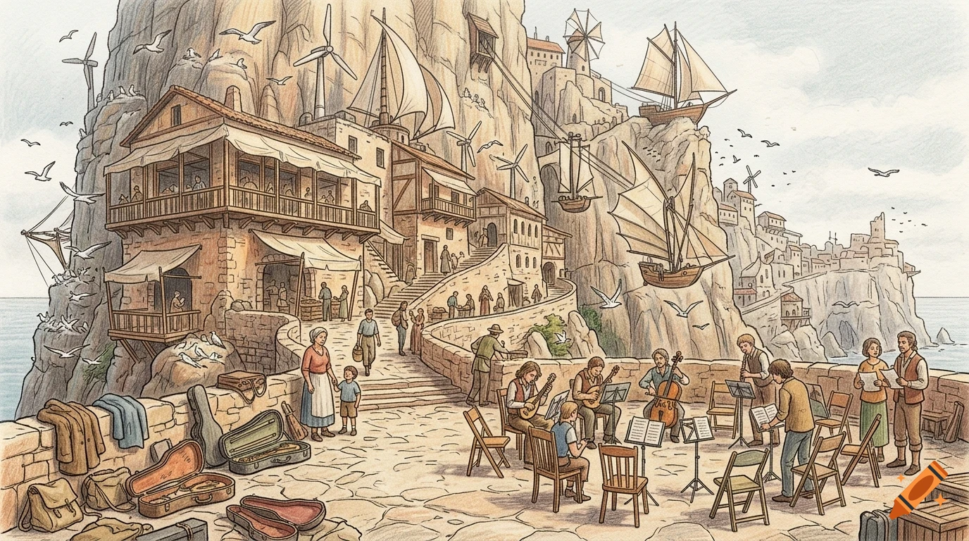 An illustrated coastal town built into rocky cliffs, with people walking on paths and an ensemble of musicians playing string and wind instruments outdoors.