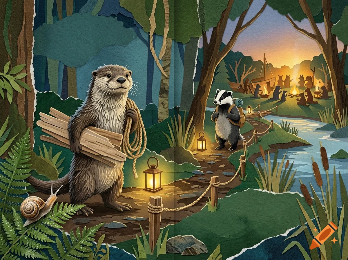 An otter carrying wood and a rope along a forest path with a snail nearby, while a badger with a backpack walks towards a campfire gathering in the background, presented in a layered papercraft style.