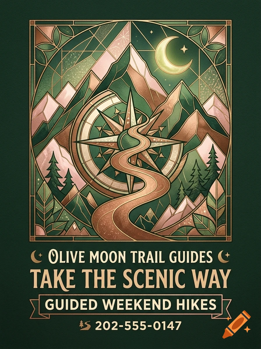 An Art Deco style poster with mountains, a winding trail, a compass rose, and a crescent moon, featuring text reading Olive Moon Trail Guides.