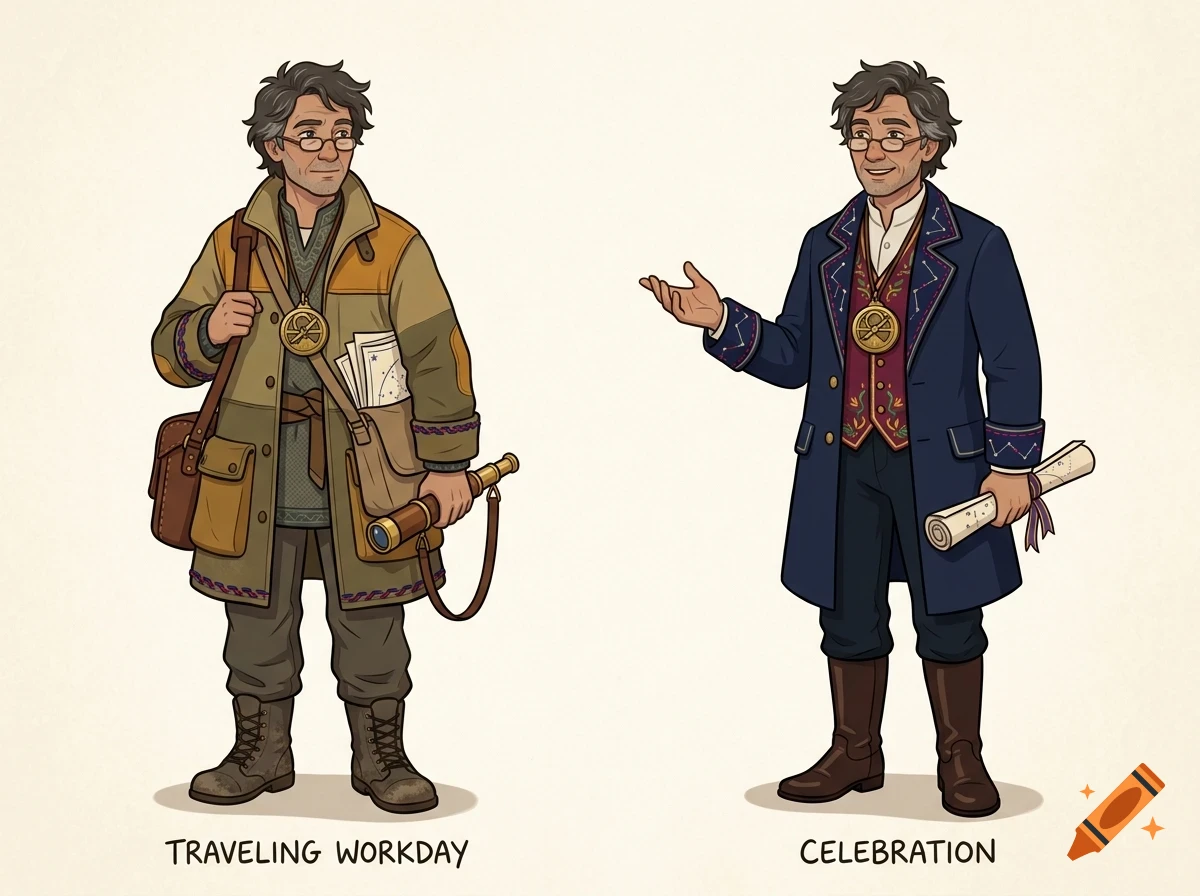 Illustration showing a man in two outfits labeled traveling workday and celebration