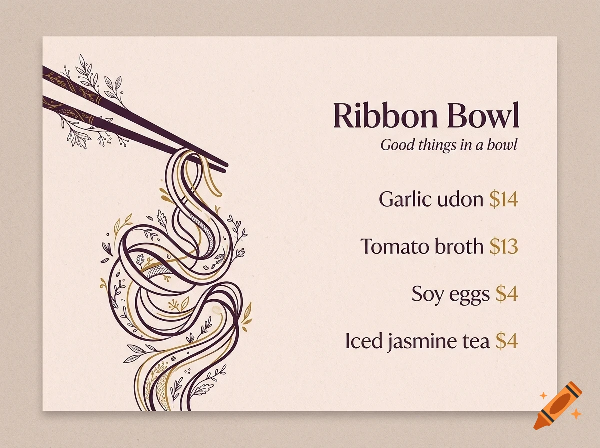 An illustrated menu card titled Ribbon Bowl featuring noodle illustrations and menu items with prices.