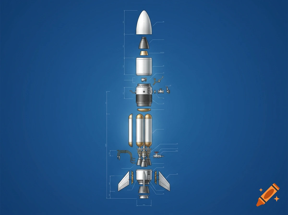 An exploded view diagram of a rocket on a solid blue background, showing its internal components and structural layout.
