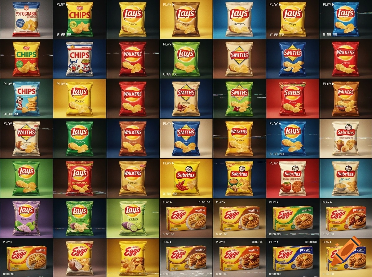 Grid of 49 images showing various snack chip bags and waffle boxes with VHS effect.