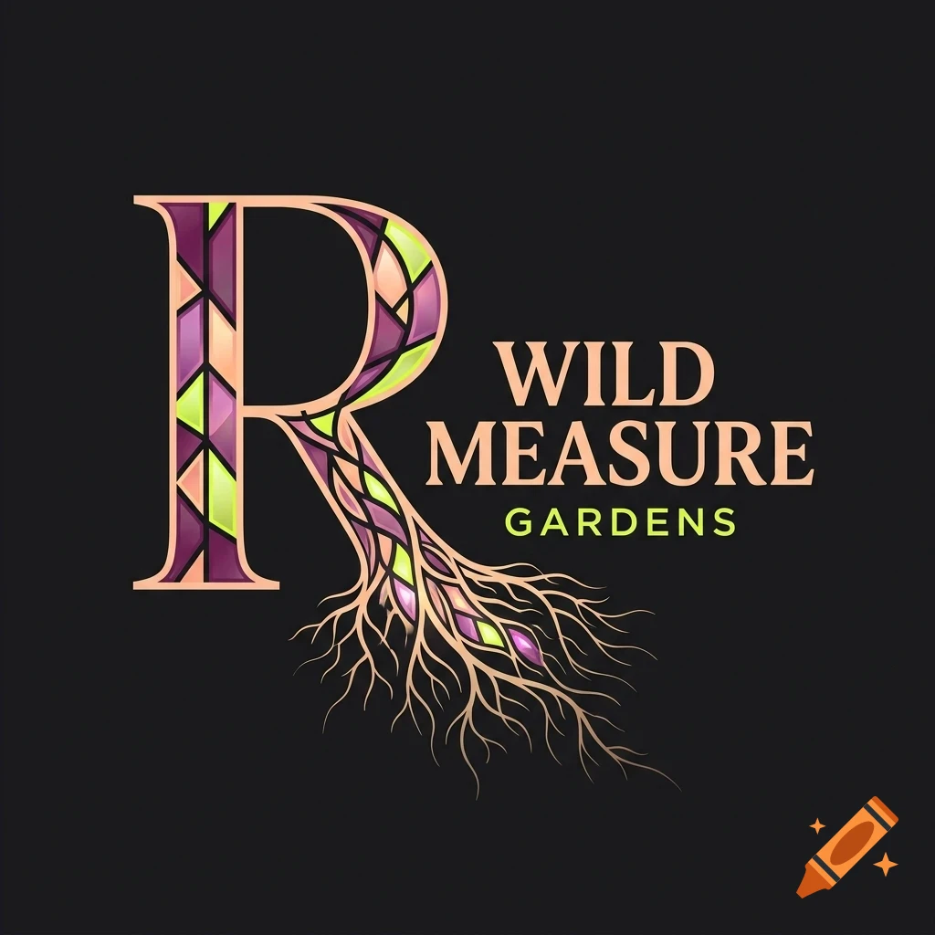 An ornate letter R design with root-like extensions, accompanied by the text 'WILD MEASURE GARDENS' on a dark background.