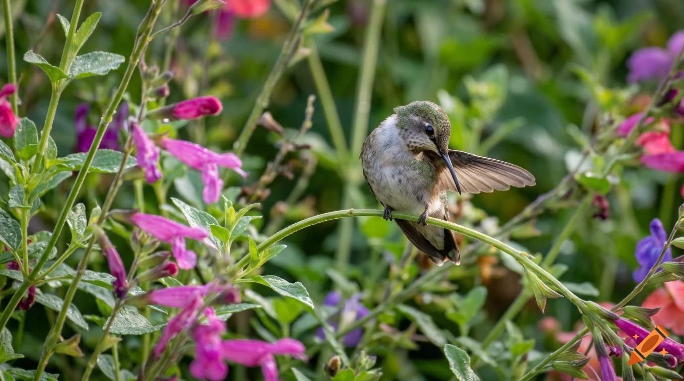 A small hummingbird perched on a green stem among vibrant pink and purple flowers.