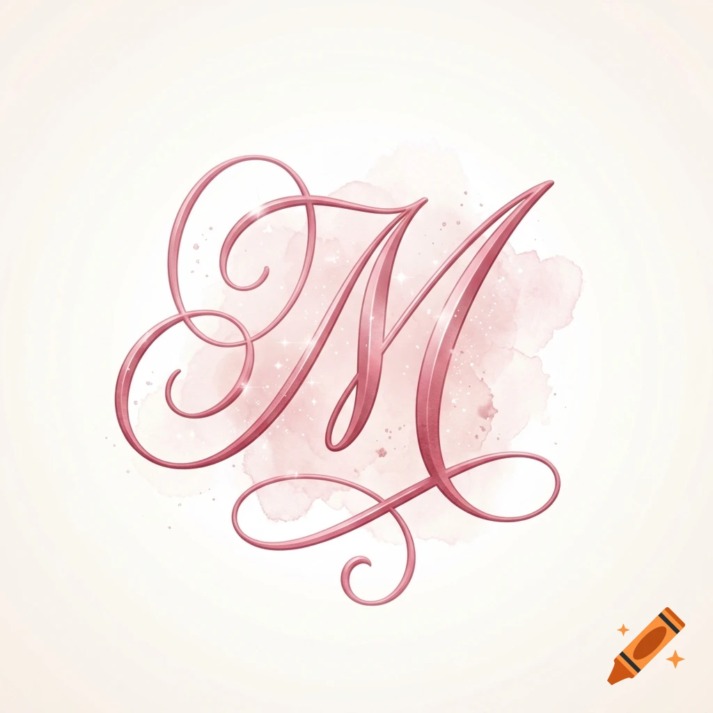 Elegant pink cursive letter M with a watercolor splash background and subtle sparkles.