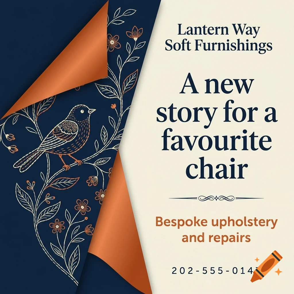 An advertisement for Lantern Way Soft Furnishings featuring a bird and floral pattern on a dark blue background with a peeled corner.