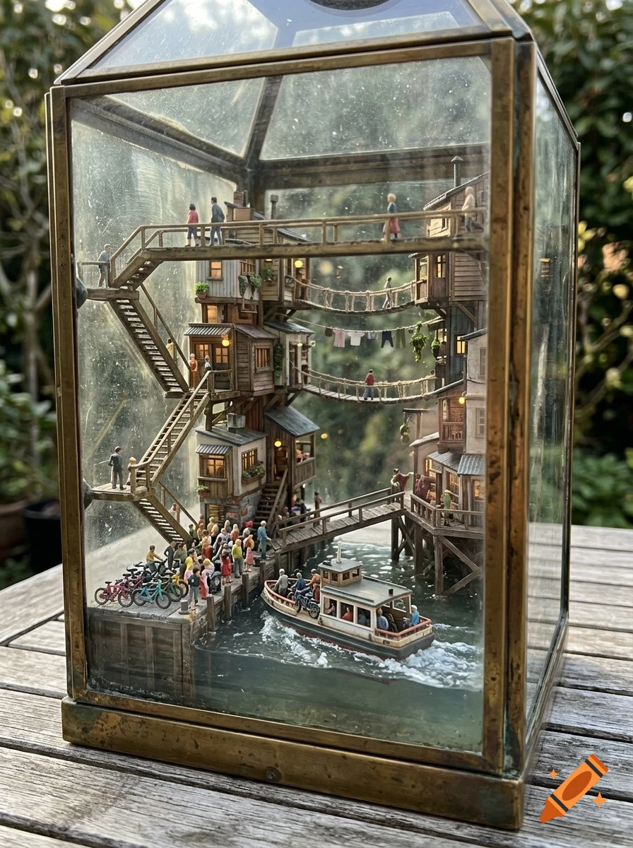 A detailed miniature diorama inside a glass and brass terrarium depicting a waterfront village with tiny buildings, walkways, people, and a small boat.