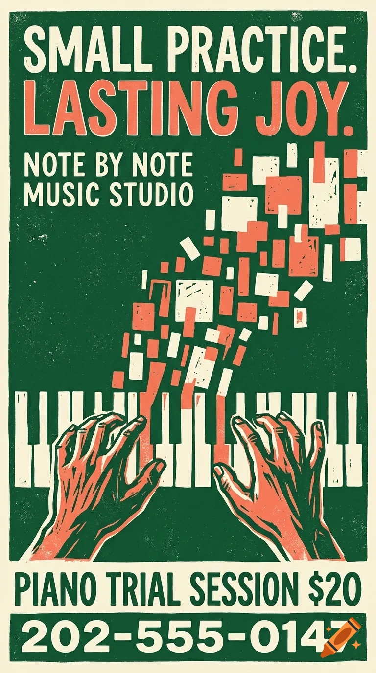 A poster featuring hands playing a piano with abstract shapes rising from the keys, accompanied by promotional text.
