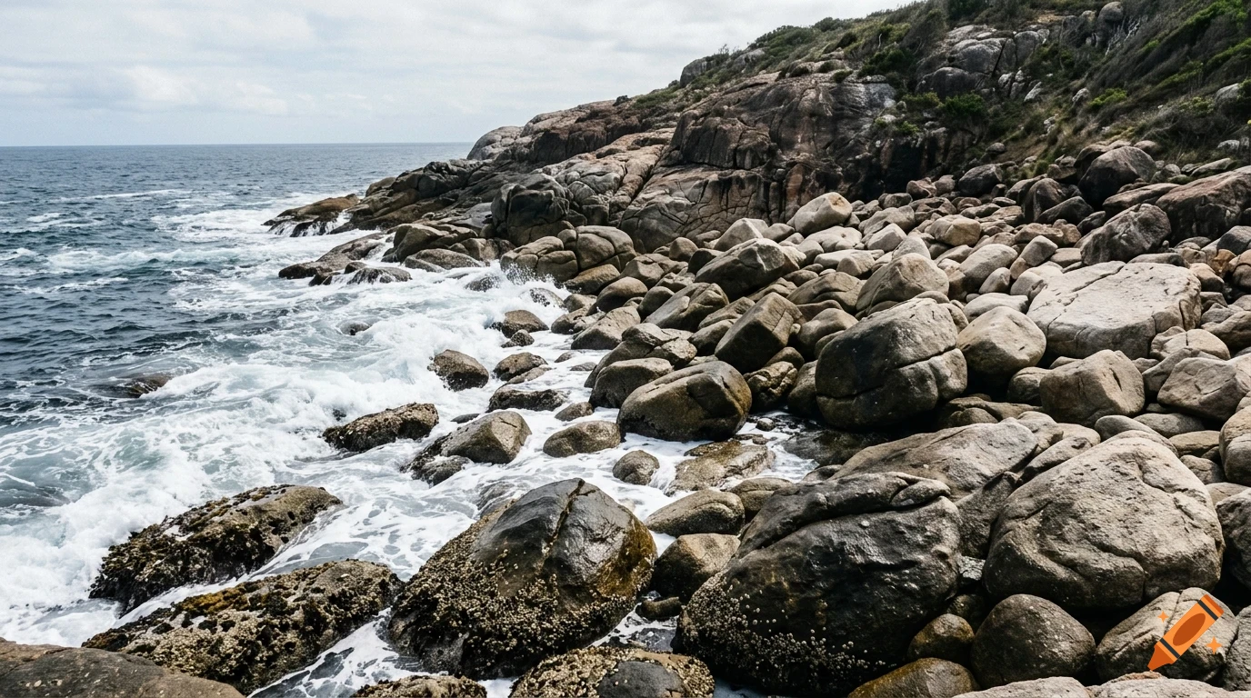 Waves crashing against a rocky shore with large boulders and an ocean view under an overcast sky.