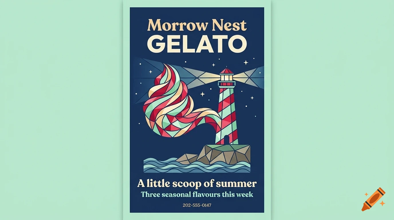A poster for Morrow Nest Gelato featuring a stylized lighthouse emitting a cone of light with ice cream swirls, against a dark starry background.