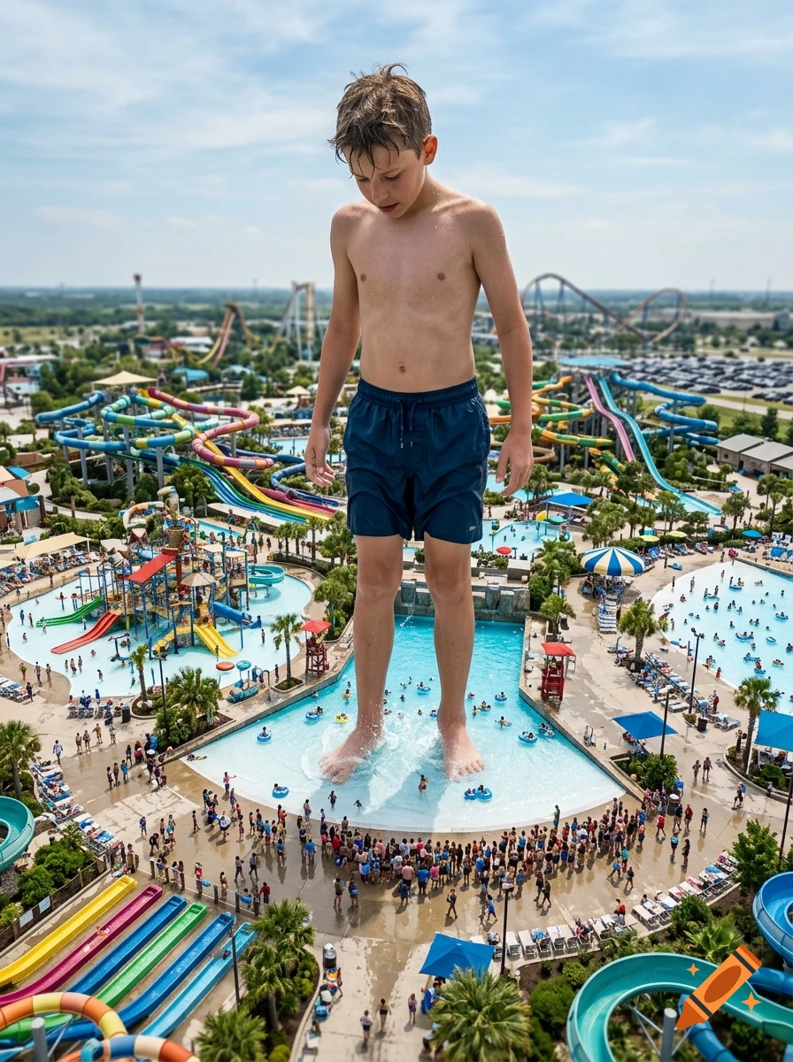 A giant teenage boy standing in a pool at a crowded water park, towering over miniature people.