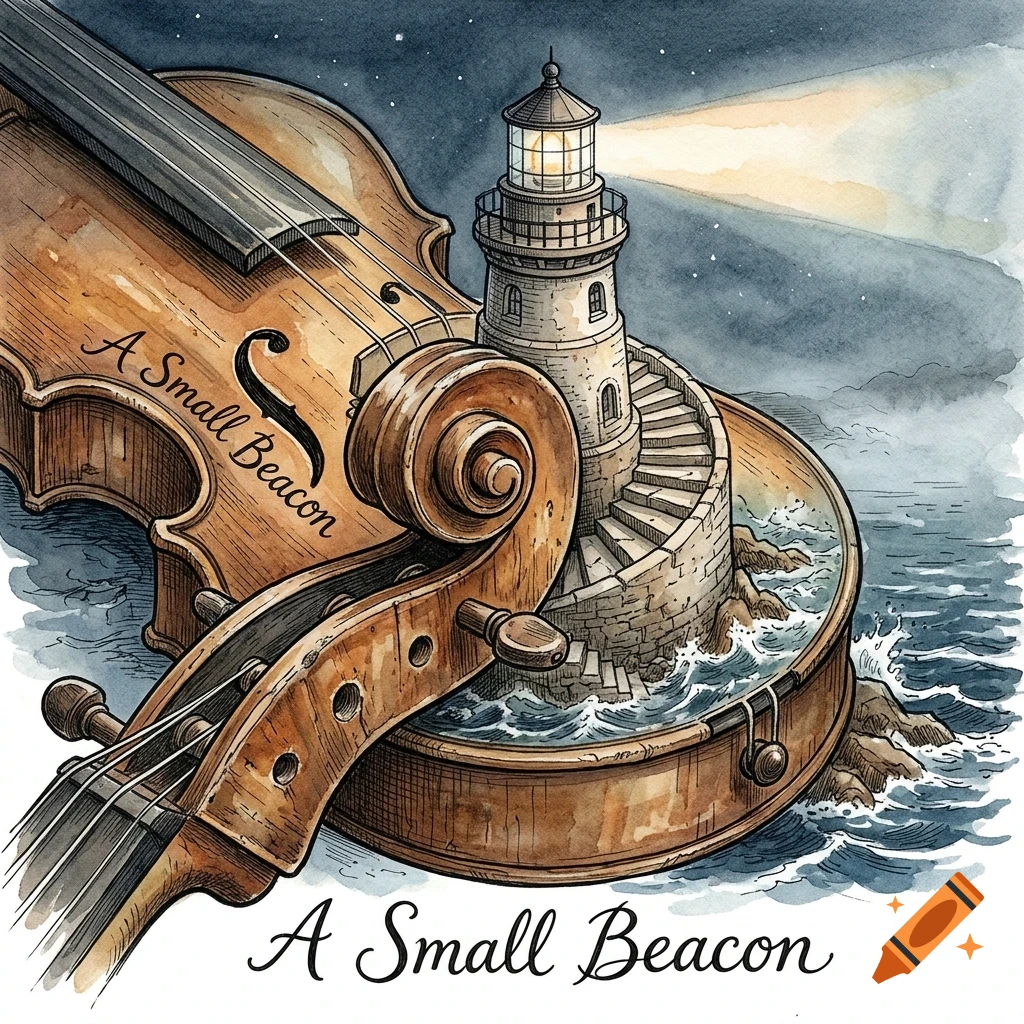 A surreal watercolor illustration showing a violin integrated with a lighthouse by the sea, with the text A Small Beacon.