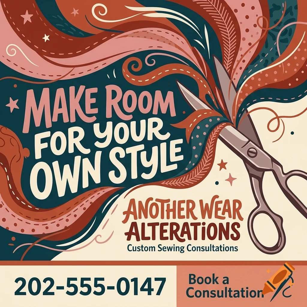 An illustrated poster for Another Wear Alterations with scissors cutting through patterned fabric, featuring the text Make room for your own style.