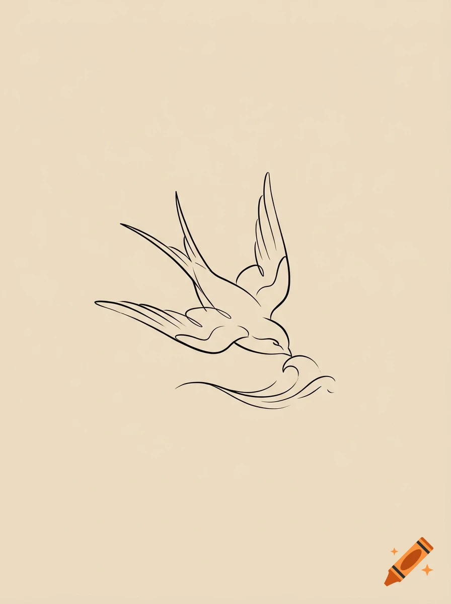 Minimalist line drawing of a swallow flying over a wave on a beige background.