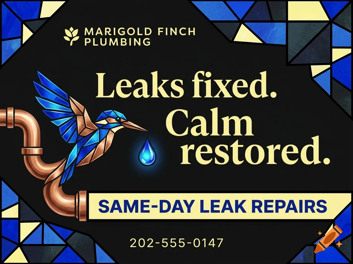 An advertisement for Marigold Finch Plumbing featuring a blue bird on copper pipes, a water droplet, and the text Leaks fixed. Calm restored.