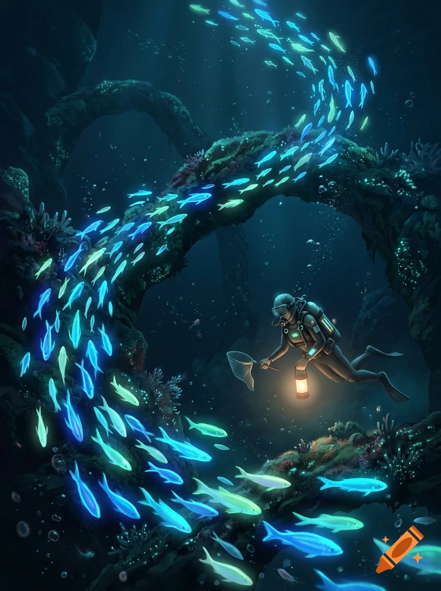 A scuba diver explores a dark underwater grotto surrounded by a swirling school of glowing bioluminescent fish.