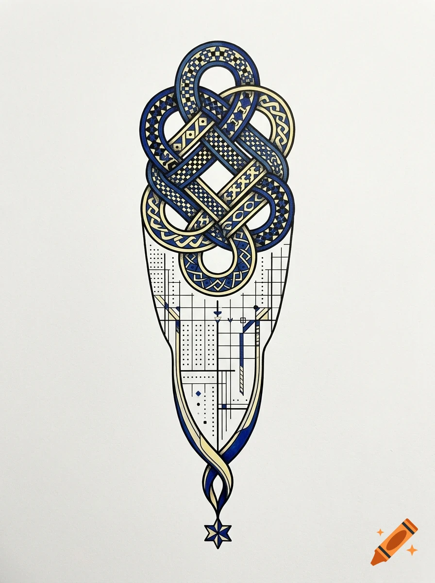 An intricate blue and gold Celtic knot design over geometric architectural linework.