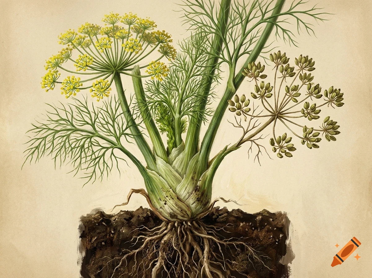 Botanical illustration of a fennel plant showing its bulb, roots in soil, feathery leaves, yellow flowers, and seed heads.