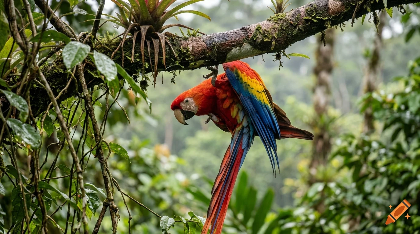 A colorful scarlet macaw perched upside down on a mossy branch in a lush tropical forest.
