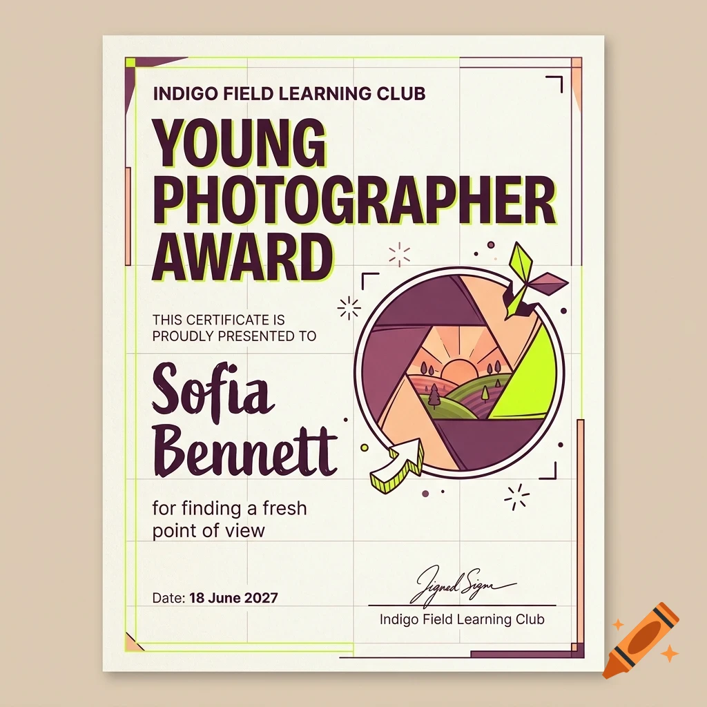 An award certificate featuring a camera aperture graphic and the text Young Photographer Award.