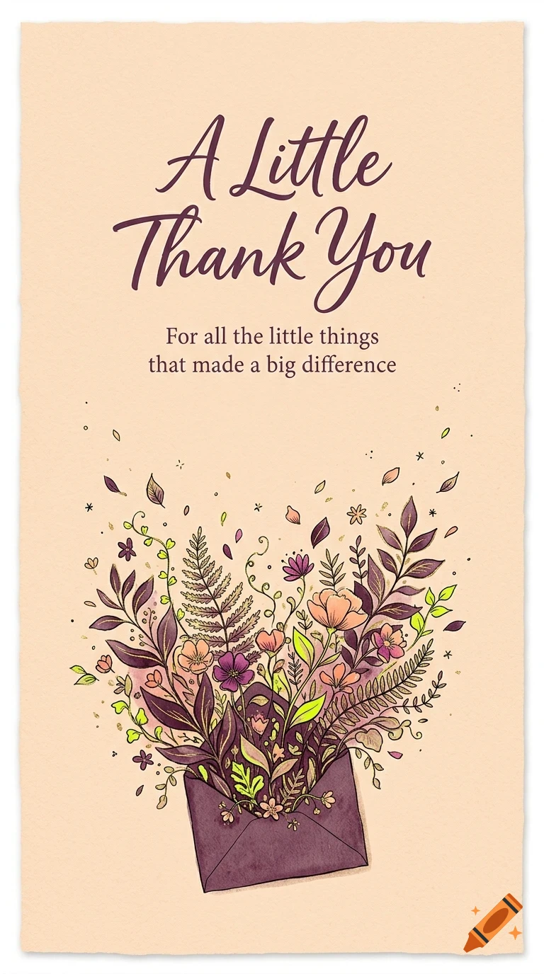 An illustrated thank you card featuring a purple envelope overflowing with colorful flowers and plants, with text reading A Little Thank You.