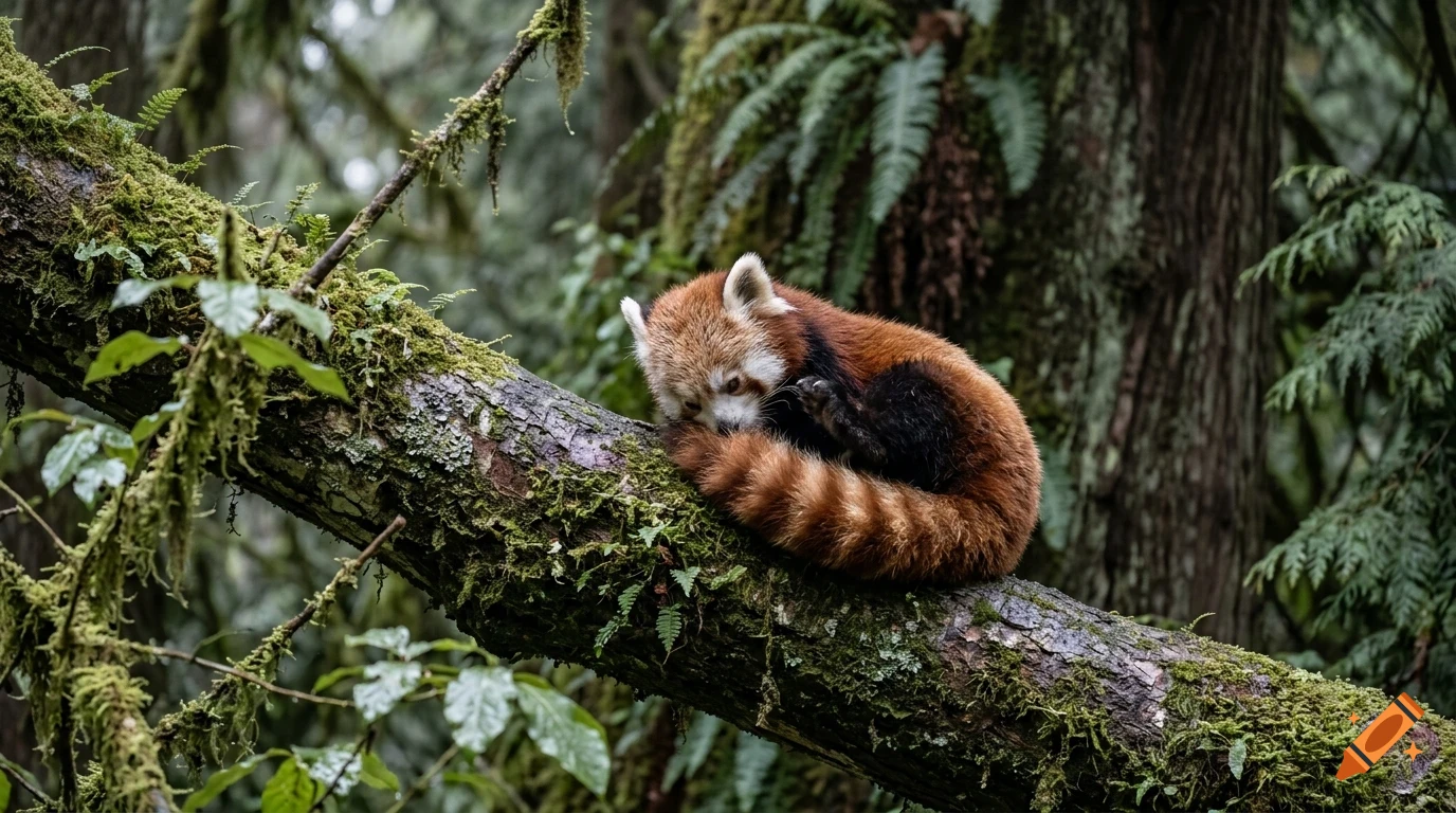 A red panda resting on a moss-covered tree branch in a forest.