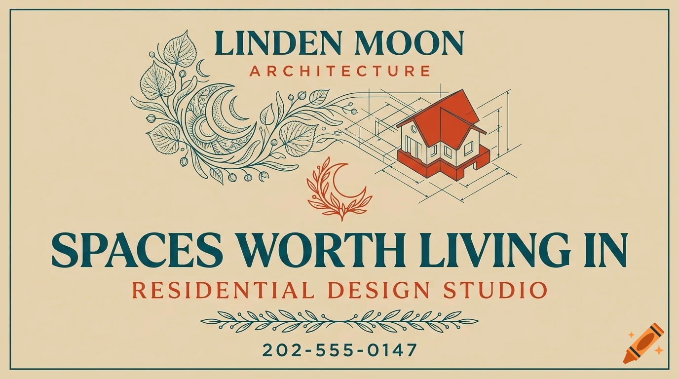 An architectural business card design featuring an isometric house drawing, botanical elements, moon motifs, and typography reading Linden Moon Architecture.