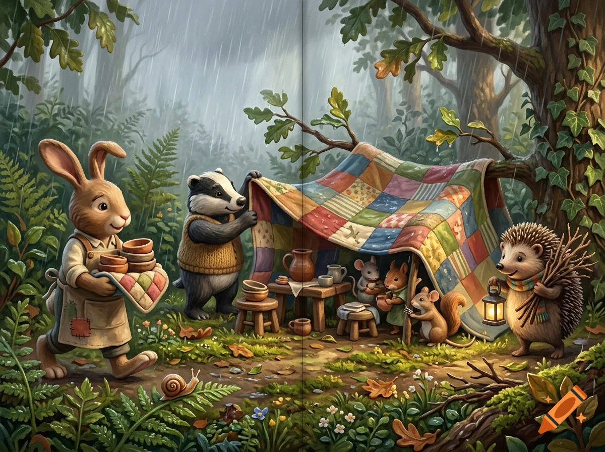 An illustrated woodland scene depicting anthropomorphic animals camping in the rain, with a rabbit carrying bowls, a badger holding a patchwork quilt tent, and a hedgehog holding a lantern and sticks.