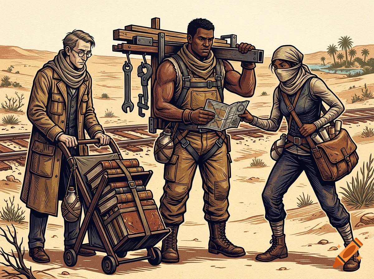Three explorers with books, a map, and equipment stand near railroad tracks in a desert landscape.