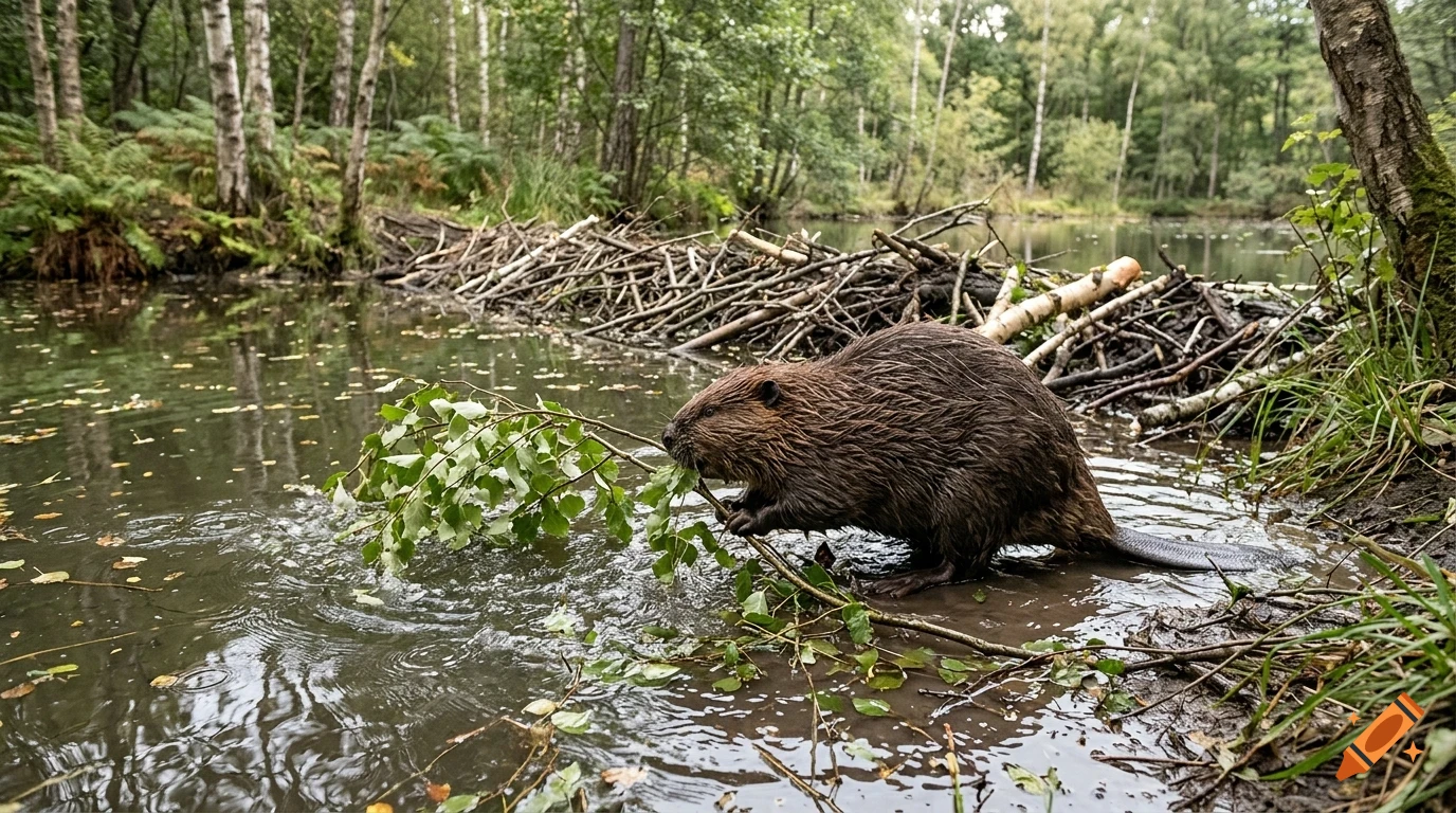 A beaver holding a leafy branch in the water near its dam in a forest stream.