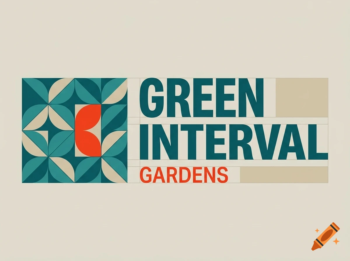 A graphic design featuring a geometric teal and orange pattern alongside the text GREEN INTERVAL GARDENS.