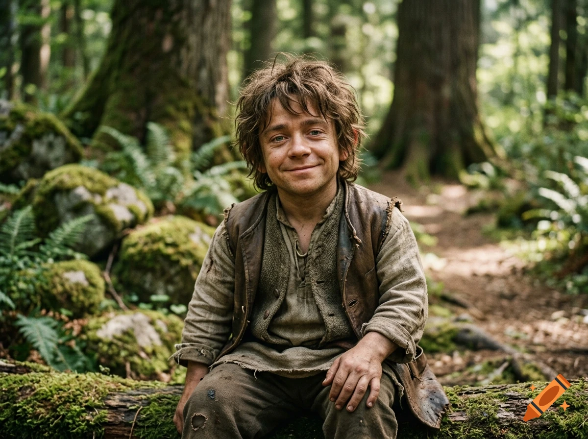 Photorealistic portrait of a smiling male halfling with messy hair and a worn leather vest, sitting on a mossy log in a forest.