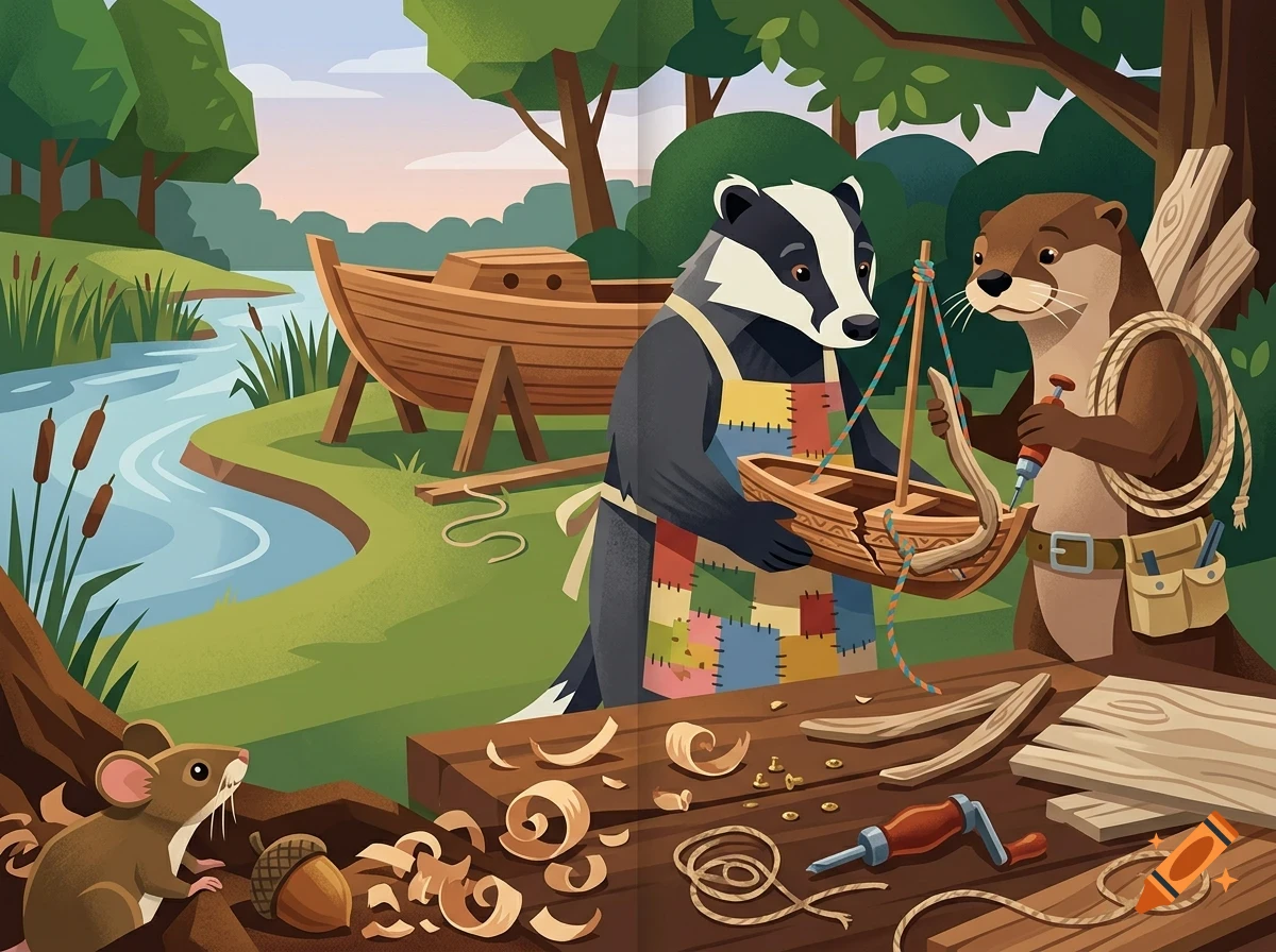 An illustration of a badger, an otter, and a mouse building a toy boat by a river.