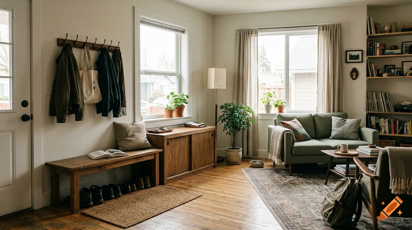 A cozy, well-lit living room and entryway interior with a wooden bench, coat rack, green sofa, bookshelves, and potted plants.