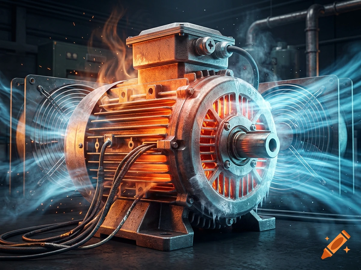 Photorealistic image of an overheating electric motor being cooled by powerful electric fans with glowing orange coils and blue air streams.