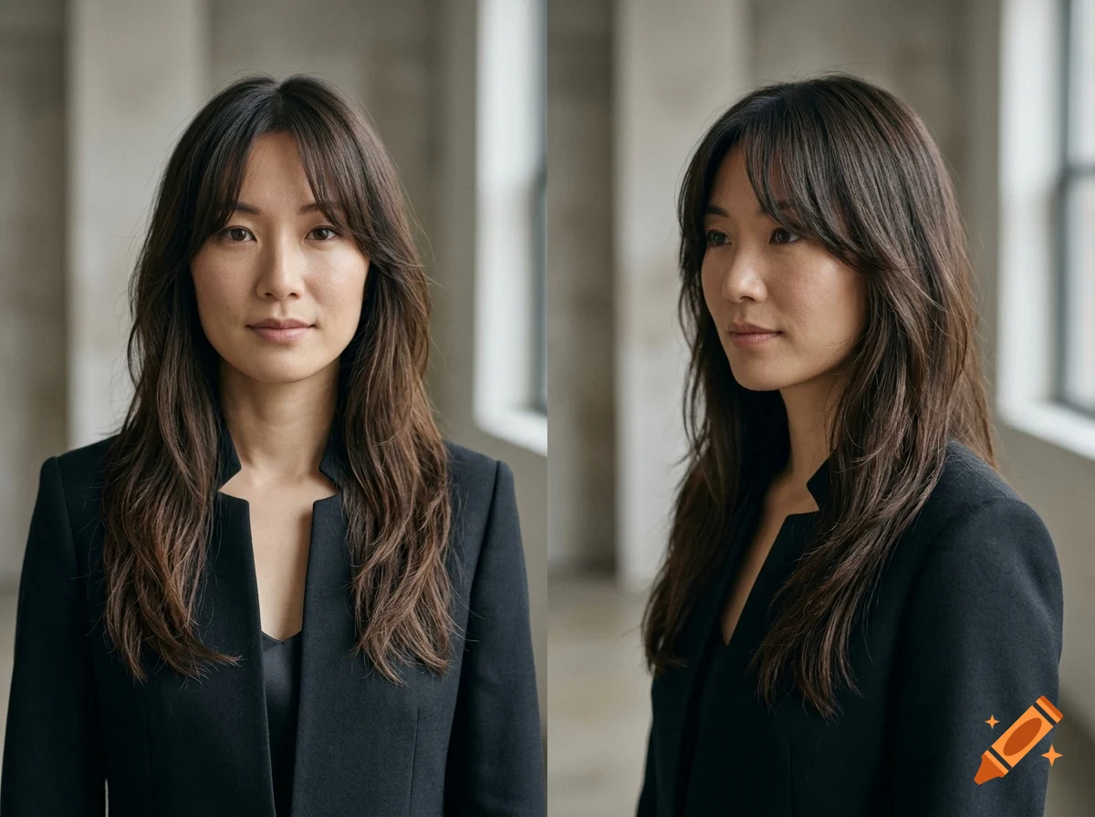 A portrait of a woman with long dark hair and bangs, wearing a black blazer.